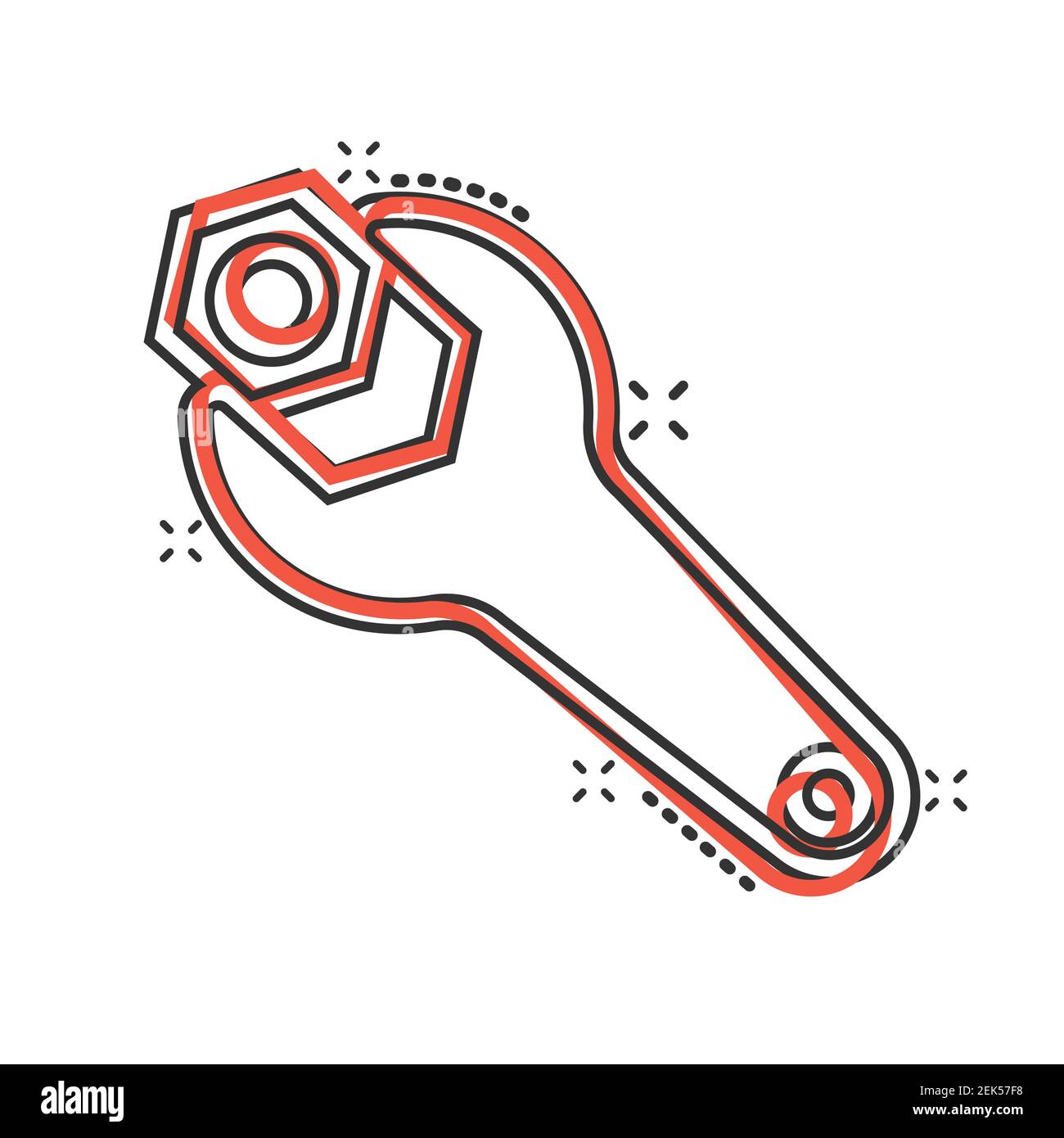 Icona chiave in stile comico. Chiave a chiave cartoon illustrazione vettoriale su sfondo bianco isolato. Concetto di business dell'effetto di spruzzo dell'apparecchiatura di riparazione. Illustrazione Vettoriale