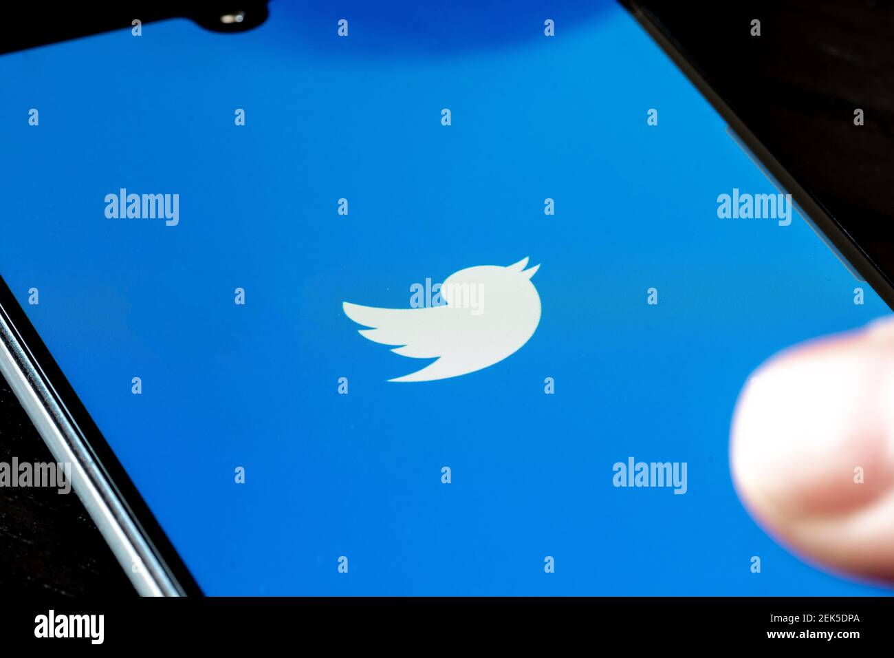 L'app Twitter viene visualizzata sullo smartphone con un dito. Twitter uno dei più grandi siti di social network. App social media. Social network. Elon Musk Foto Stock