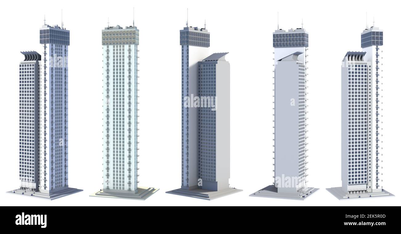 5 diverse rappresentazioni laterali di disegno immaginario grattacieli astratti torri viventi con riflessi del cielo - isolato su bianco, illustrazione 3d di grattacielo Foto Stock