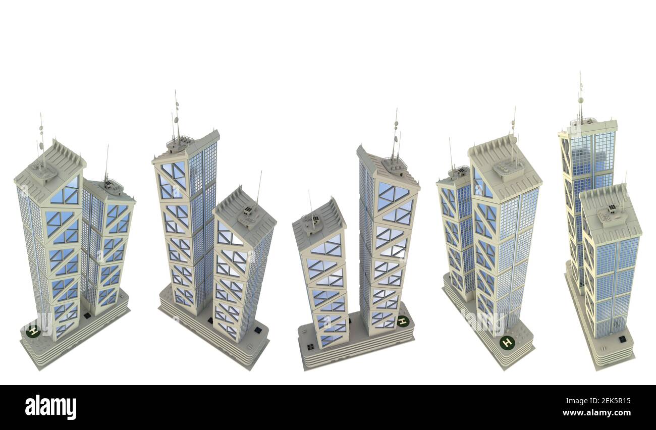 5 rendering in alto di case commerciali dal design immaginario con due torri con riflessi del cielo - isolato su bianco, illustrazione 3d dei grattacieli Foto Stock