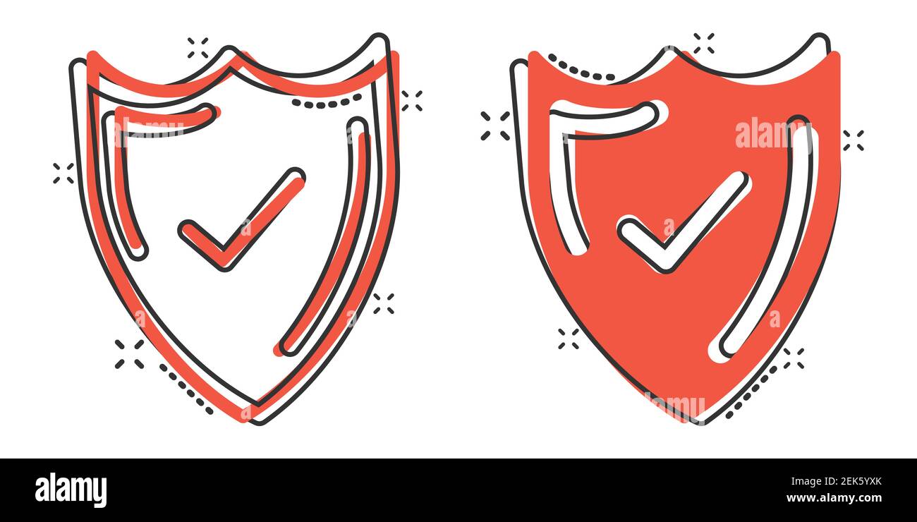 Scudo con icona con segno di spunta in stile comico. Proteggere l'illustrazione vettoriale dei cartoni animati su sfondo isolato bianco. Segno di spunta guardia splash effect business c Illustrazione Vettoriale