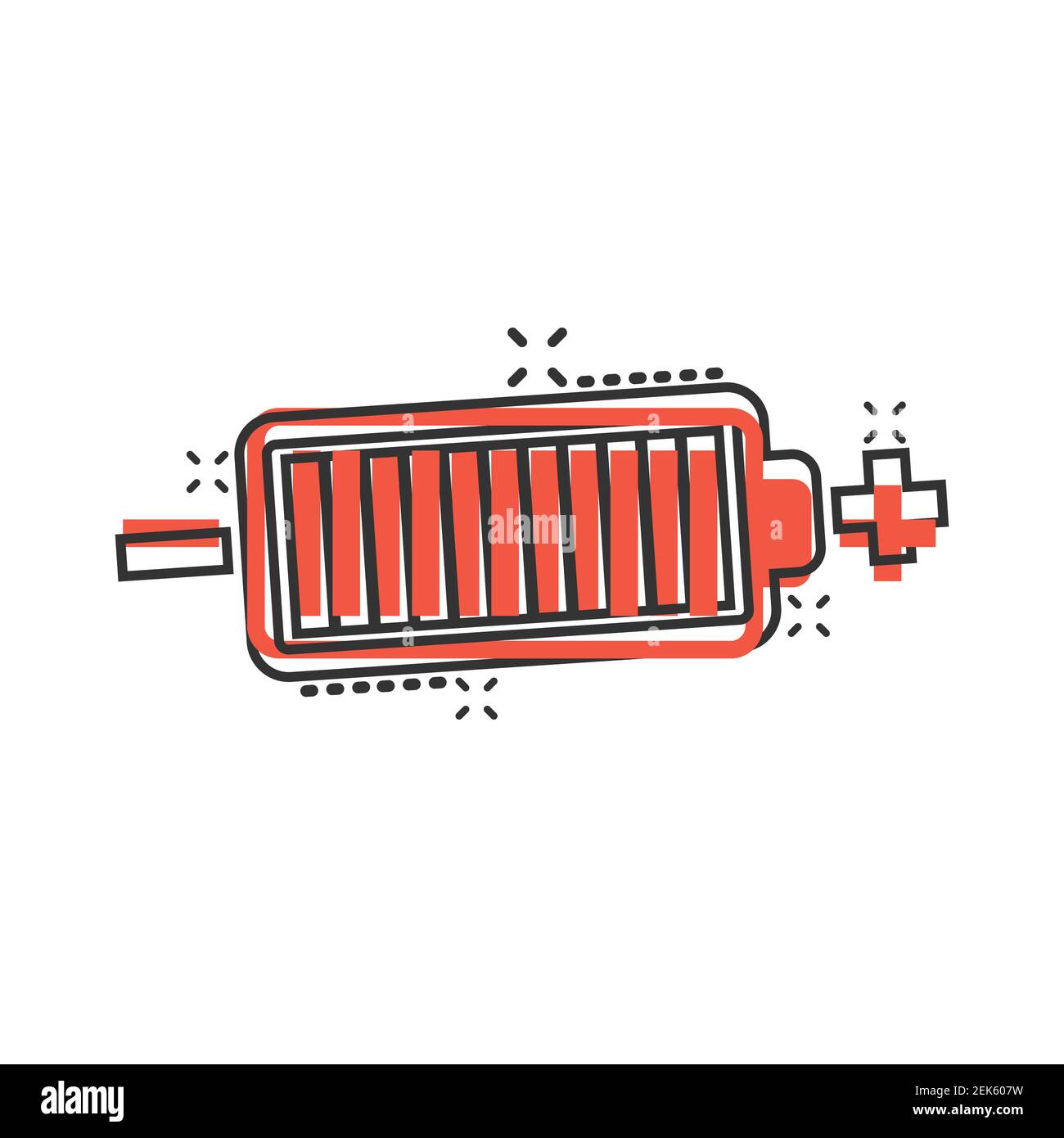 Icona di carica della batteria in stile comico. Illustrazione vettoriale del livello di potenza su sfondo isolato bianco. Accumulatore di litio effetto spruzzo business c Illustrazione Vettoriale