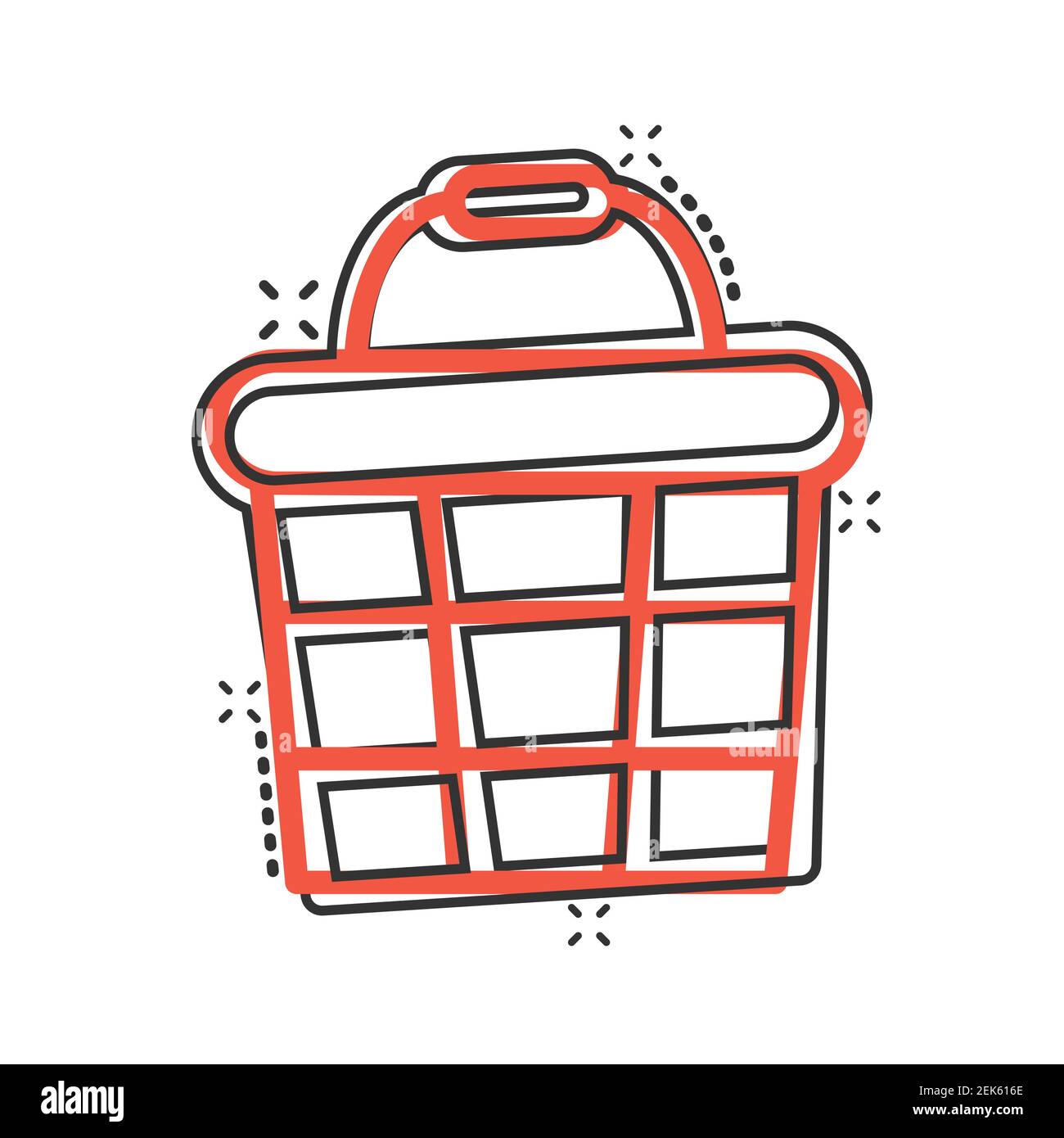 Aggiungi al carrello icona in stile comico. Shopping cartoon illustrazione vettoriale su sfondo bianco isolato. Concetto di business effetto di Splash del cesto. Illustrazione Vettoriale