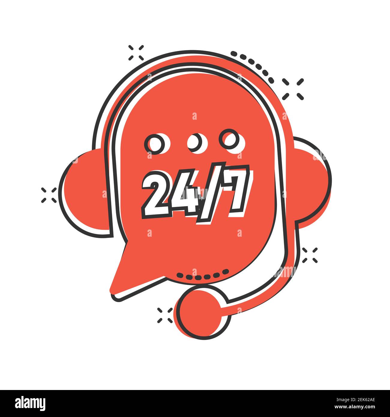 Icona dell'helpdesk in stile fumetto. Illustrazione vettoriale delle cuffie su sfondo bianco isolato. Concetto di business dell'effetto splash dell'operatore di chat 247. Illustrazione Vettoriale