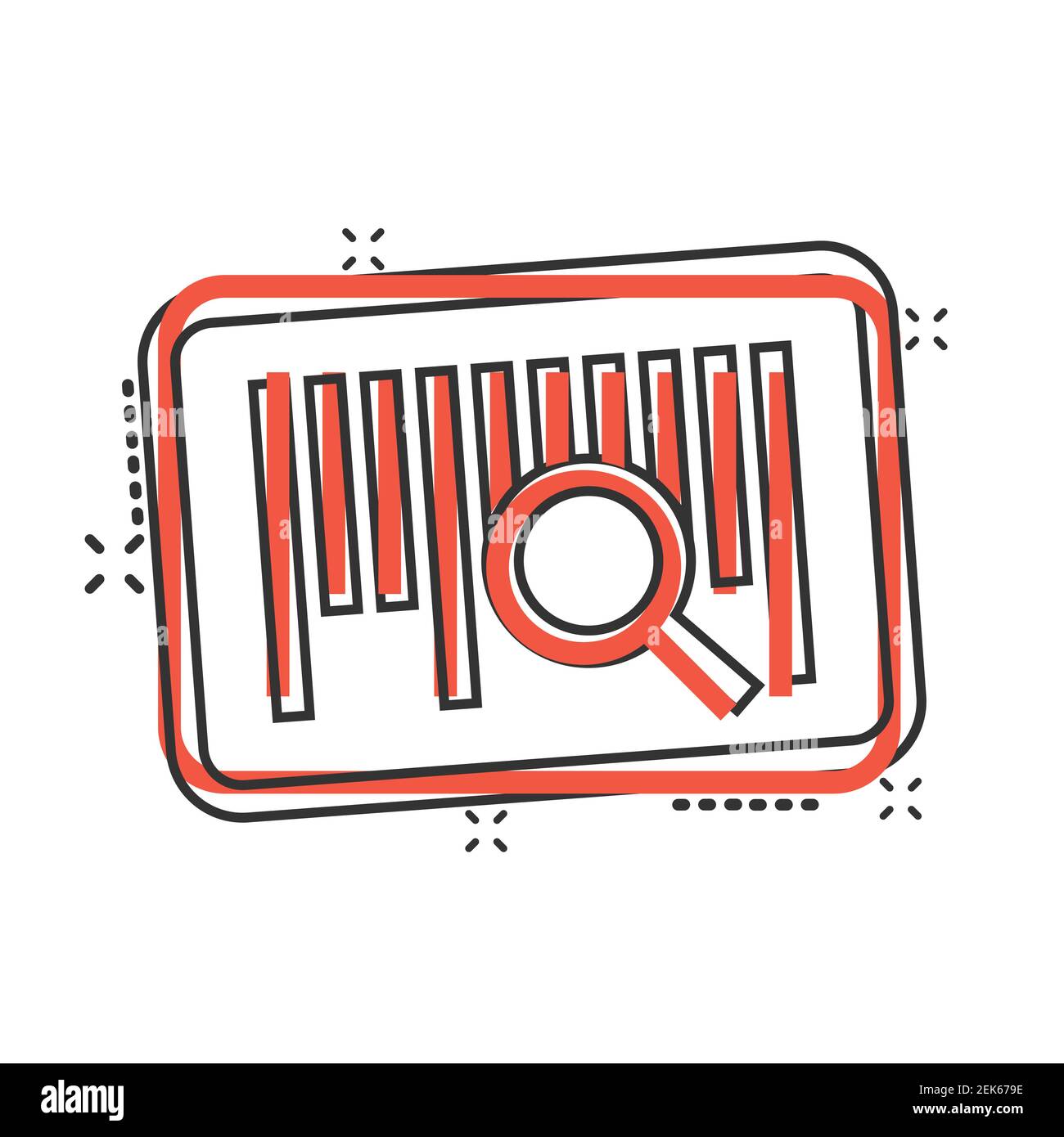 Icona con codice a barre in stile comico. Illustrazione vettoriale cartoon distribuzione prodotto su sfondo isolato bianco. Concetto di business con effetto splash del codice a barre. Illustrazione Vettoriale