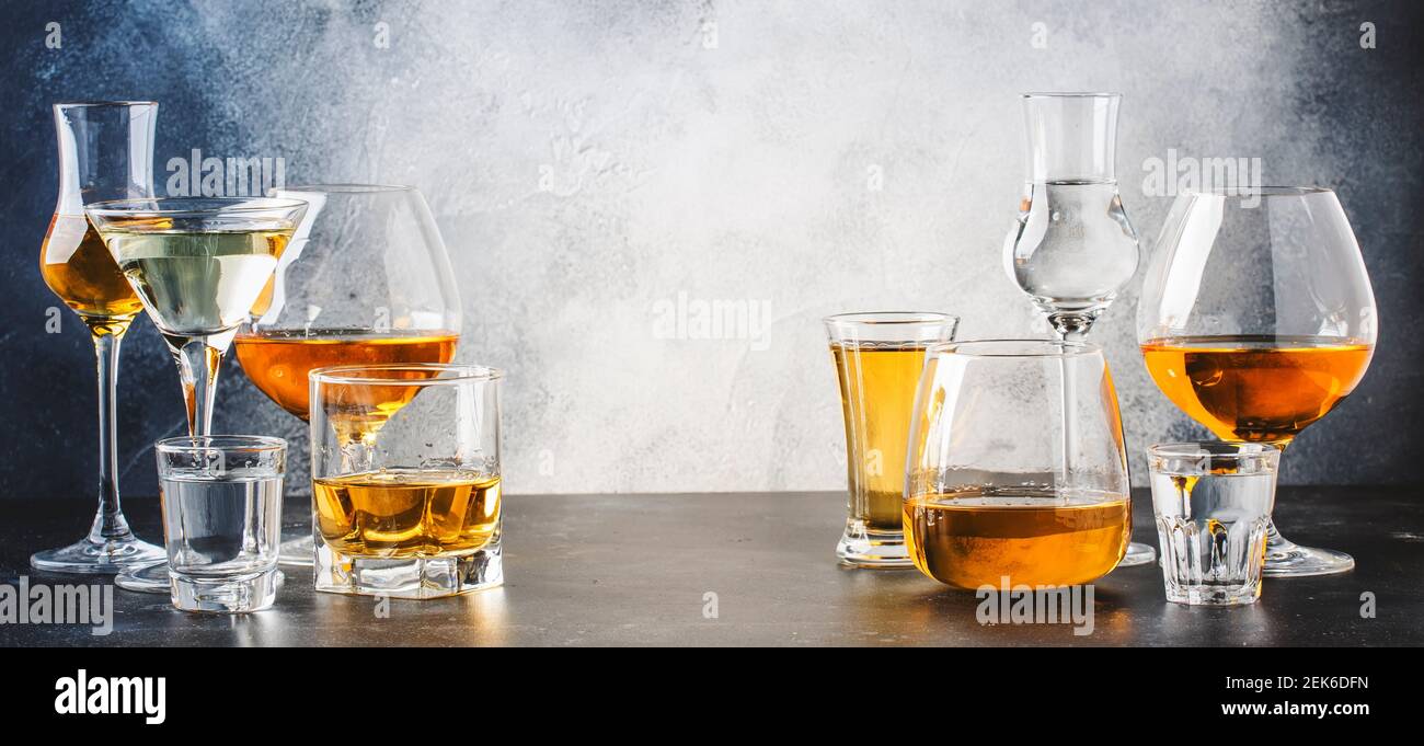 Bevande alcoliche forti in bicchieri in assortimento: Vodka, cognac, tequila, brandy e whiskey, grappa, liquore, vermouth, tintura, rum. Conteggio barre grigie Foto Stock