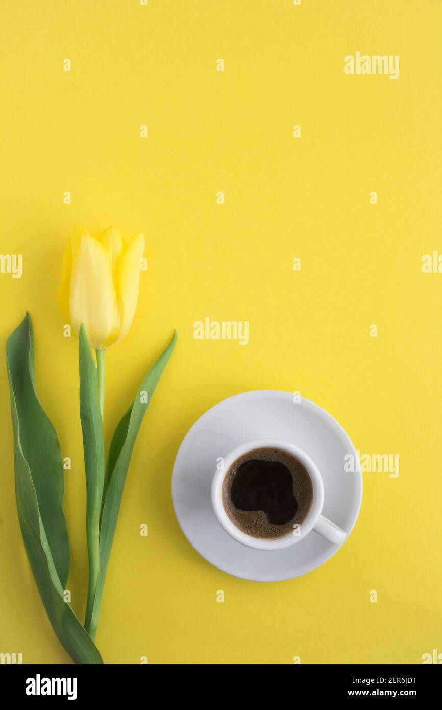 Caffè nero nella tazza bianca e un tulipano giallo su sfondo giallo. Posizione verticale. Vista dall'alto. Spazio di copia. Foto Stock