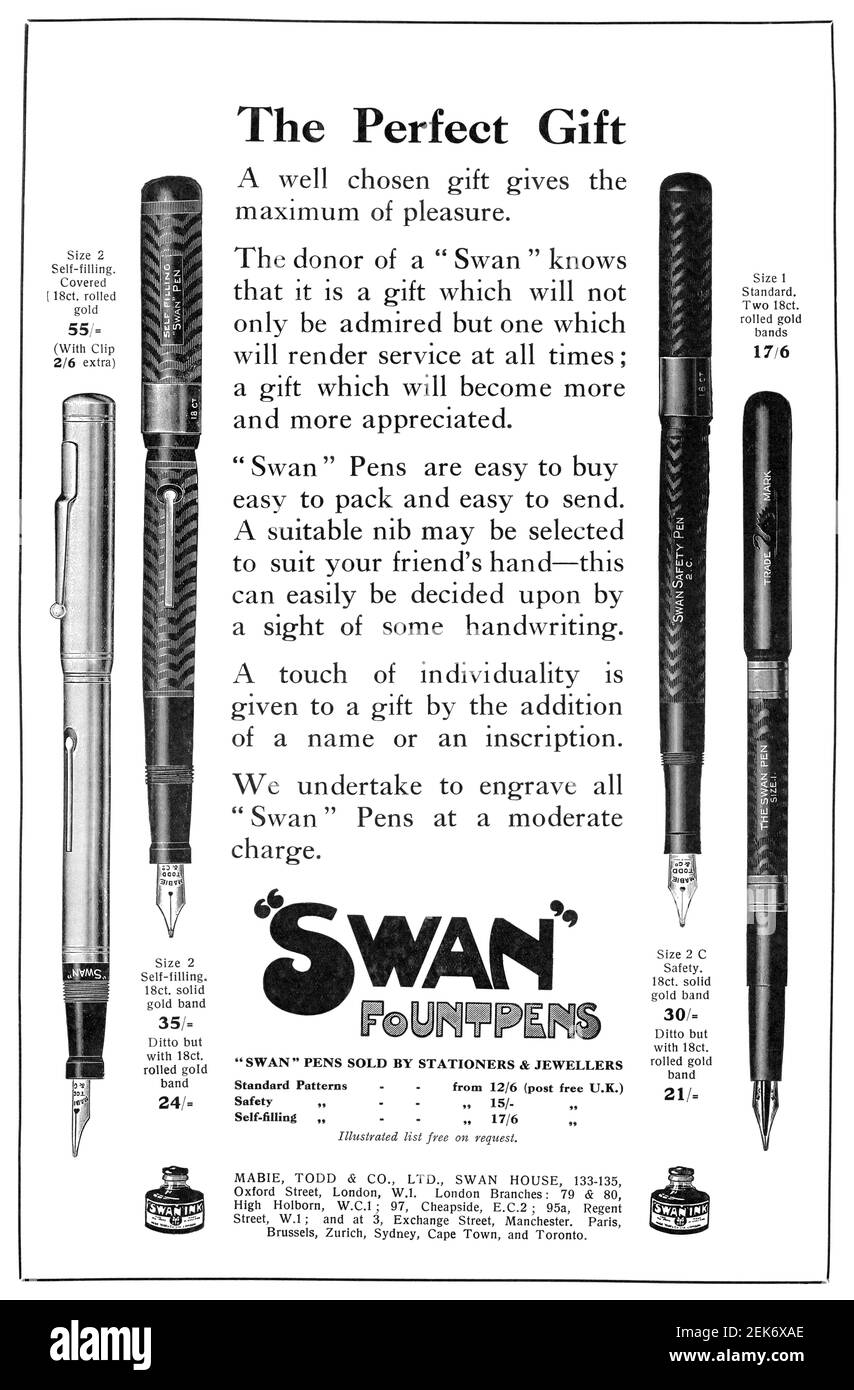 1921 pubblicità britannica per penne stilografiche Swan. Foto Stock