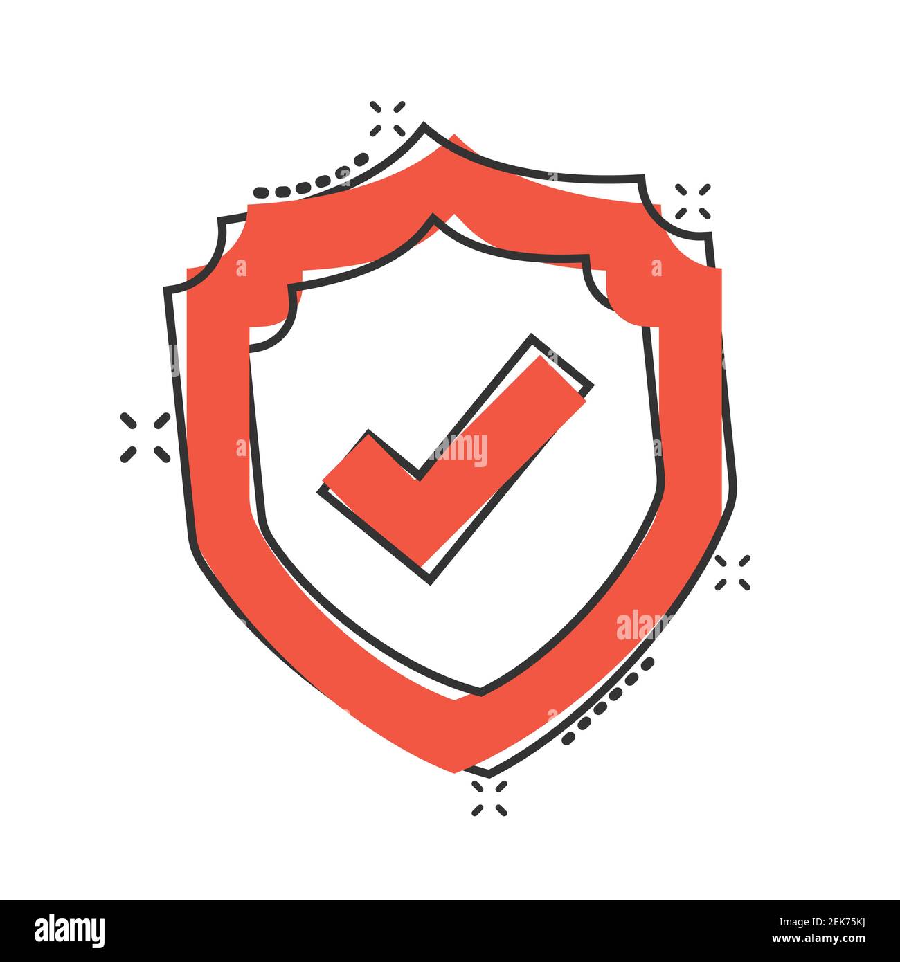 Scudo con icona con segno di spunta in stile comico. Proteggere l'illustrazione vettoriale dei cartoni animati su sfondo isolato bianco. Segno di spunta guardia splash effect business c Illustrazione Vettoriale