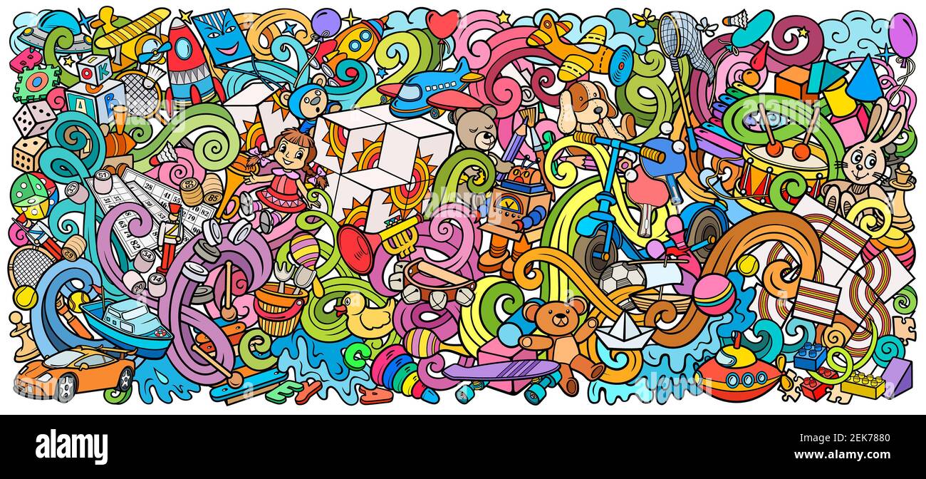 Cartoon carino doodles bambini giocattoli illustrazione Foto Stock