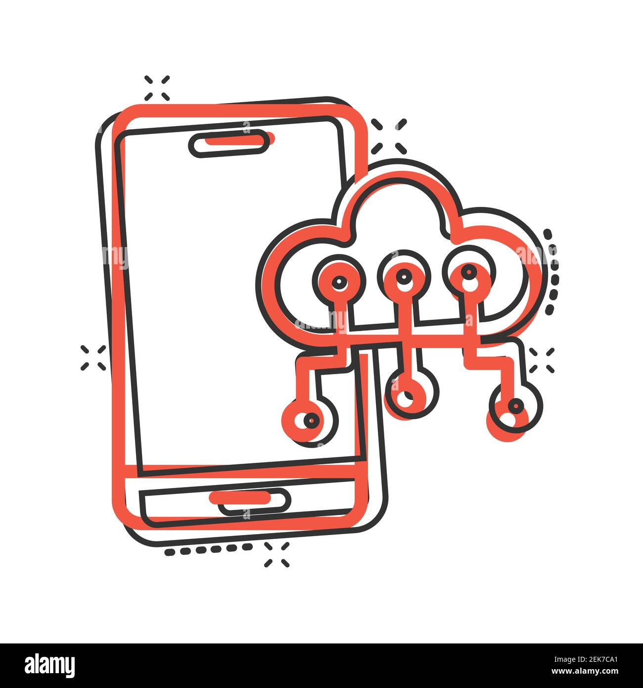 Smartphone con icona cloud in stile fumetto. Illustrazione vettoriale cartoon archiviazione rete telefonica su sfondo bianco isolato. Effetto splash backup online Illustrazione Vettoriale