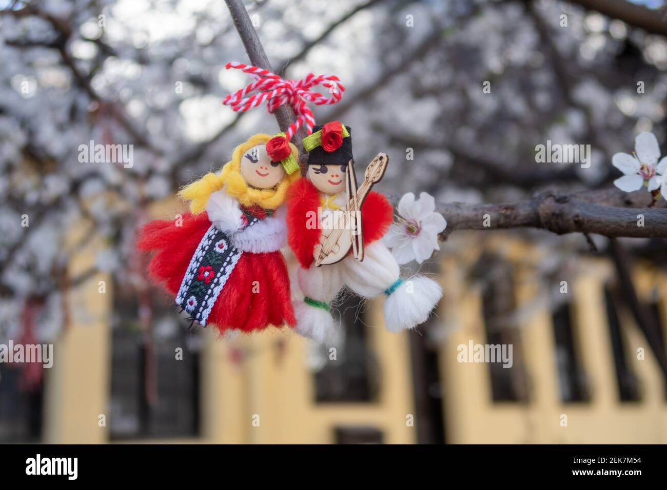 Braccialetti Martenitsa o Martisor rossi e bianchi, appesi sui rami dell'albero in fiore - tradizione primaverile bulgara e rumena Foto Stock