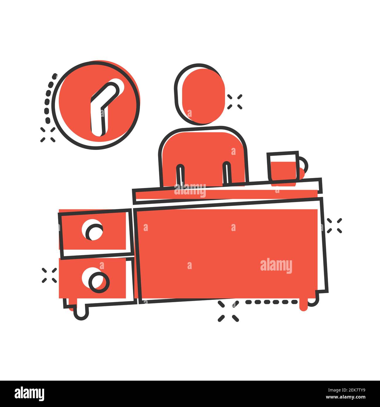 Persone con lampada da tavolo e icona orologio in stile comico. Spazio di coworking cartoon illustrazione vettoriale su sfondo bianco isolato. Ambienti di lavoro freelance Illustrazione Vettoriale