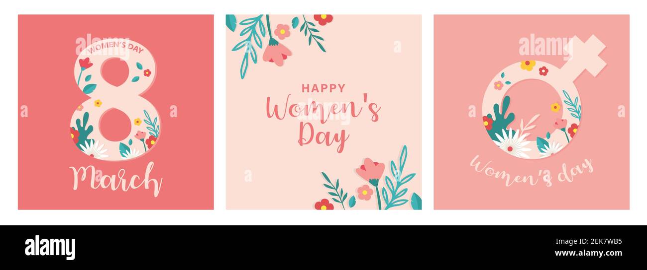 Collezione di biglietti d'auguri o di maschere da cartolina con fiori. Buon augurio per la Giornata Mondiale della Donna. Moderna illustrazione vettoriale festiva per l'8 marzo Illustrazione Vettoriale