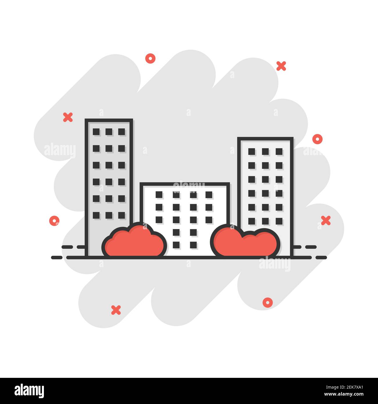 Icona dell'edificio cartoon in stile fumetto. Pittogramma di illustrazione della città. Appartamento segno splash business concetto. Illustrazione Vettoriale