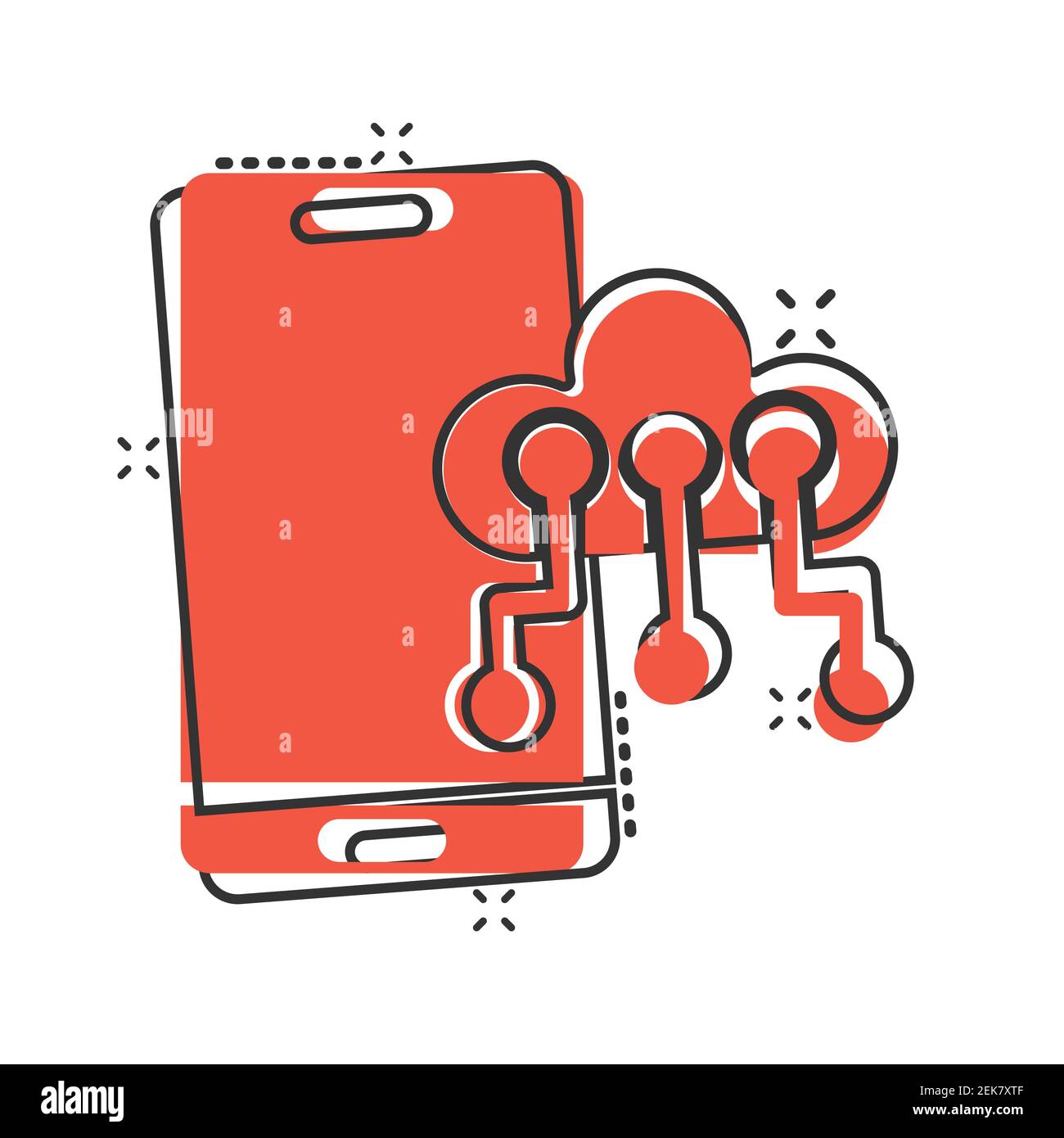 Smartphone con icona cloud in stile fumetto. Illustrazione vettoriale cartoon archiviazione rete telefonica su sfondo bianco isolato. Effetto splash backup online Illustrazione Vettoriale