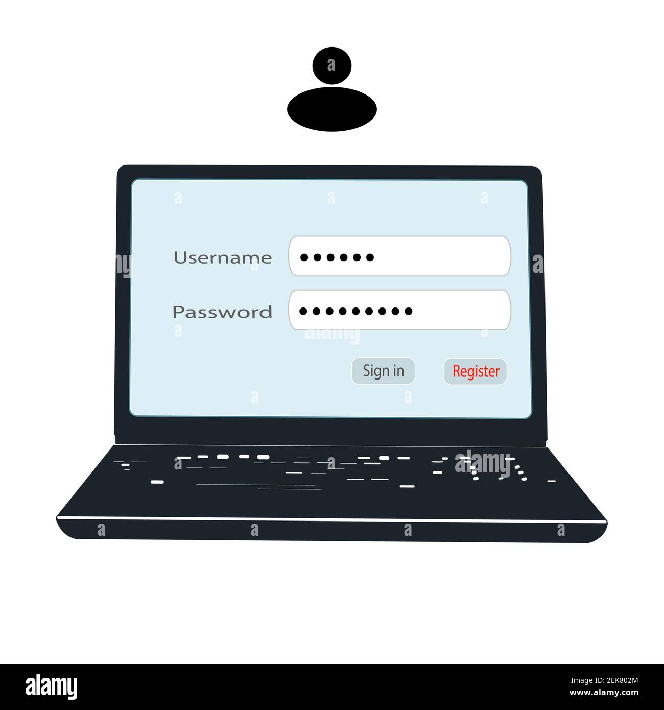 Progettazione dell'interfaccia del modulo di login e registrazione. La pagina sul computer, l'accesso all'elemento Web. Illustrazione Foto Stock