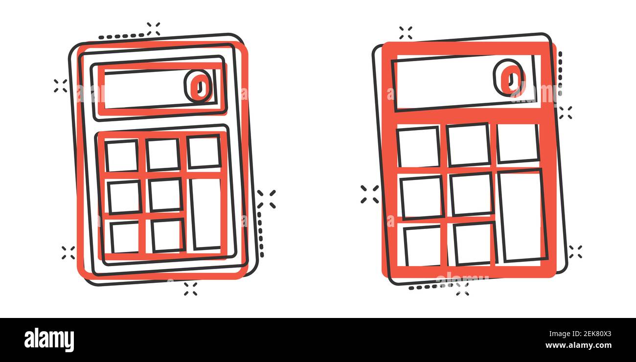 Icona della calcolatrice in stile comico. Calcolare l'illustrazione vettoriale dei cartoni su sfondo bianco isolato. Concetto di business dell'effetto splash di calcolo. Illustrazione Vettoriale