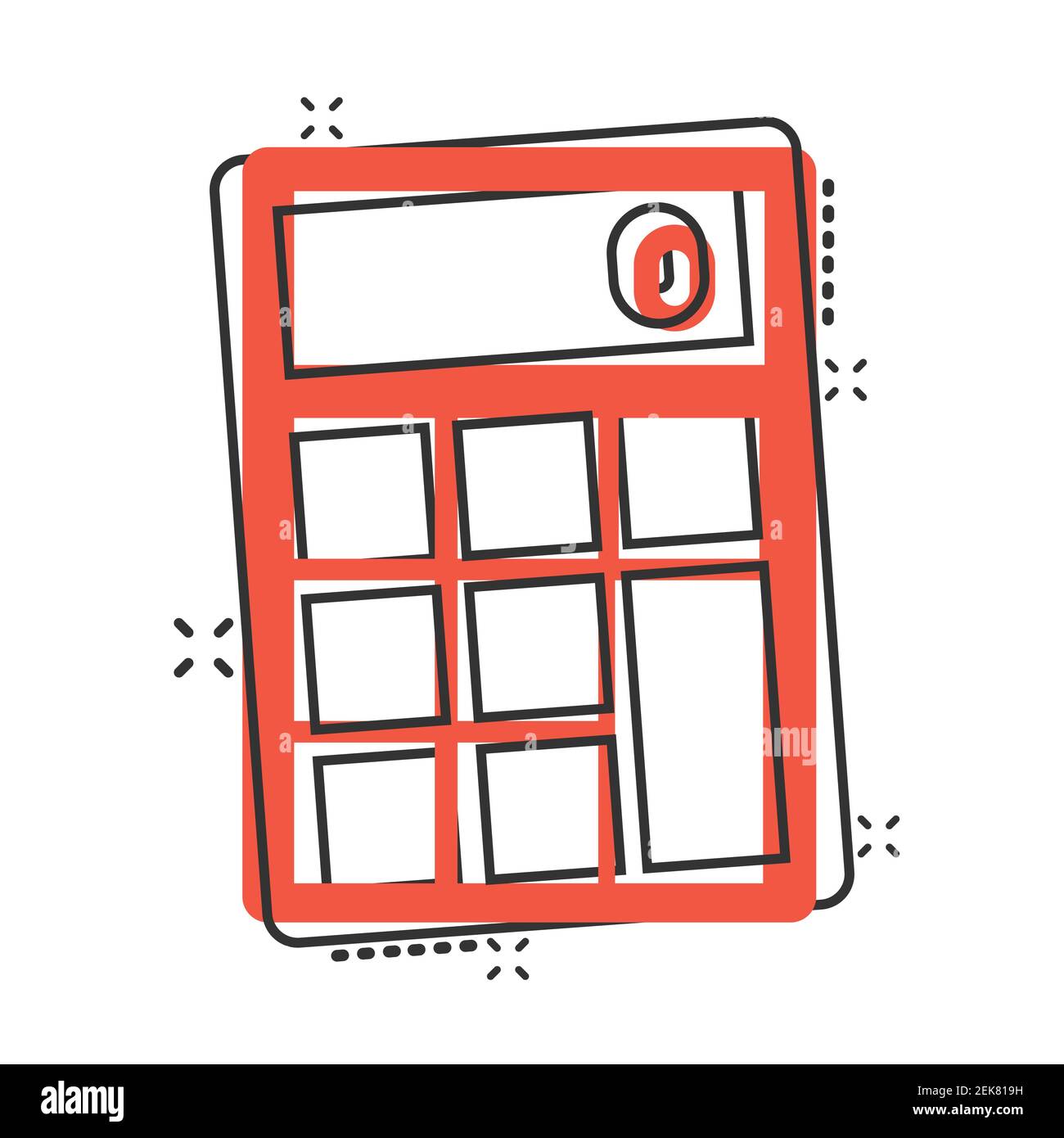 Icona della calcolatrice in stile comico. Calcolare l'illustrazione vettoriale dei cartoni su sfondo bianco isolato. Concetto di business dell'effetto splash di calcolo. Illustrazione Vettoriale