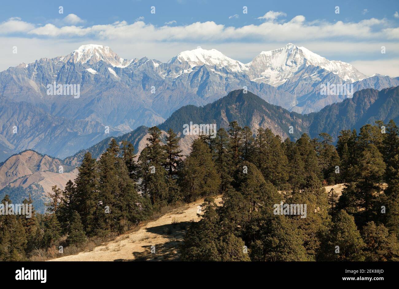 Vista panoramica dal parco nazionale di Khaptad, il monte Saipal, il grande sentiero dell'himalaya, il trekking da Rara a Khaptad nel Nepal occidentale Foto Stock