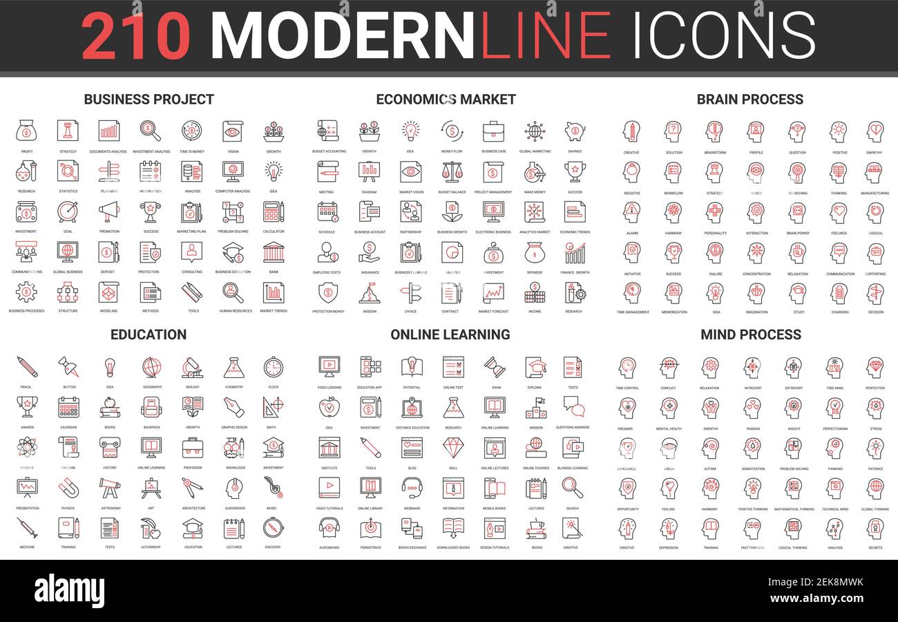 210 moderno rosso nero sottile linea icone insieme di formazione, apprendimento online, processo mentale, progetto di business, mercato economico, illustrazione vettoriale della raccolta dei processi cerebrali. Illustrazione Vettoriale