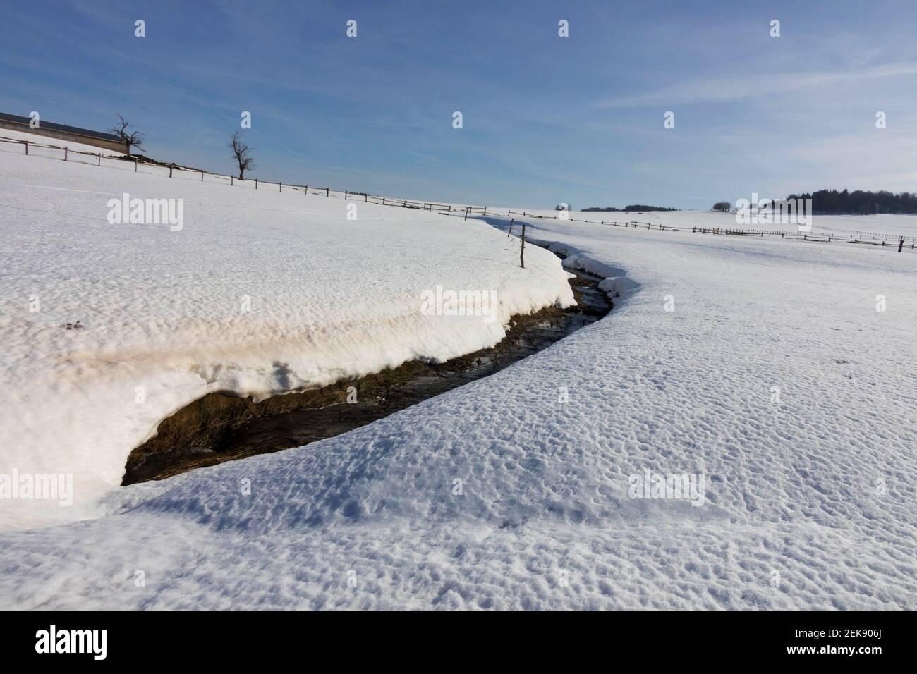 Sciogliendo la neve nel sole di fine inverno scorre giù a. il letto di ruscello Foto Stock