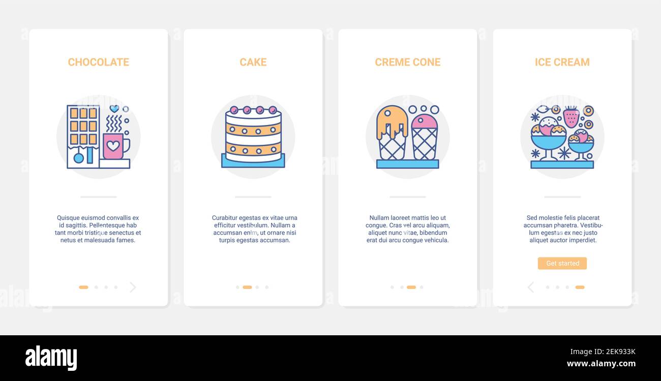 Fastfood dolce dessert per cibo caffè o chiosco mercato di strada illustrazione vettoriale. UX, UI onboarding mobile app page set con linea torta al cioccolato, cono gelato e tazza di simboli di bevande calde Illustrazione Vettoriale