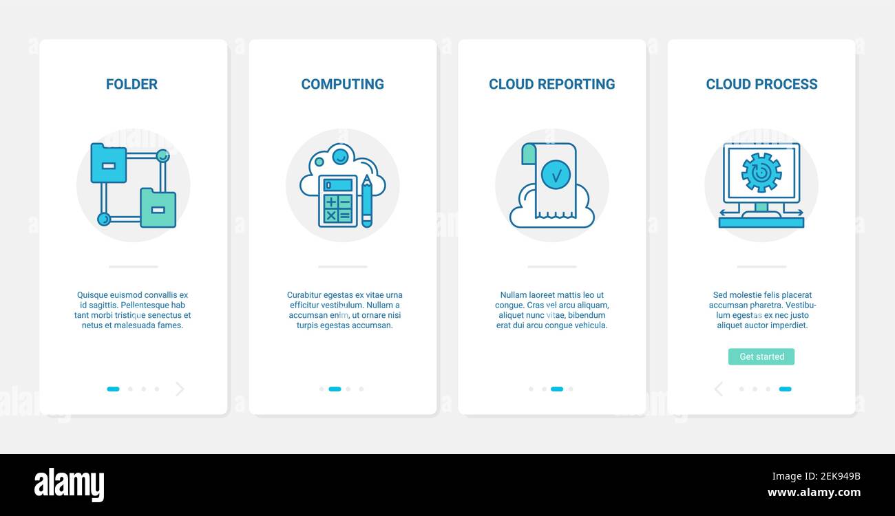 Tecnologia di cloud computing, illustrazione vettoriale di accesso remoto. UX, UI onboarding mobile app page set con cartelle di sincronizzazione riga e documenti di dati, data center, computer e simboli di archiviazione server Illustrazione Vettoriale