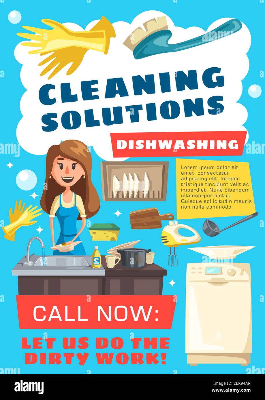 Servizio di pulizia disegno vettoriale di lavori di pulizia della casa, lavanderia e piatti di lavaggio. Donna lavastoviglie pulizia utensili da cucina, piatti e tazze con d Illustrazione Vettoriale