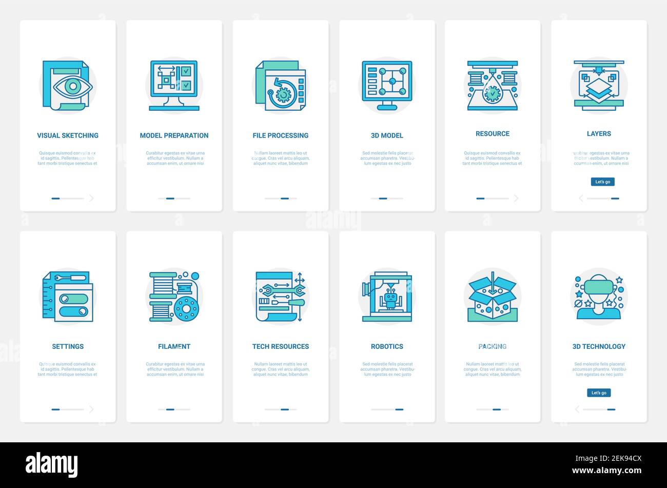 illustrazione vettoriale della tecnologia di elaborazione dei file del modello 3d. UX, UI onboarding mobile app page set con line robotica processo di packaging, impostazioni e preparazione visiva delle risorse tecnologiche Illustrazione Vettoriale