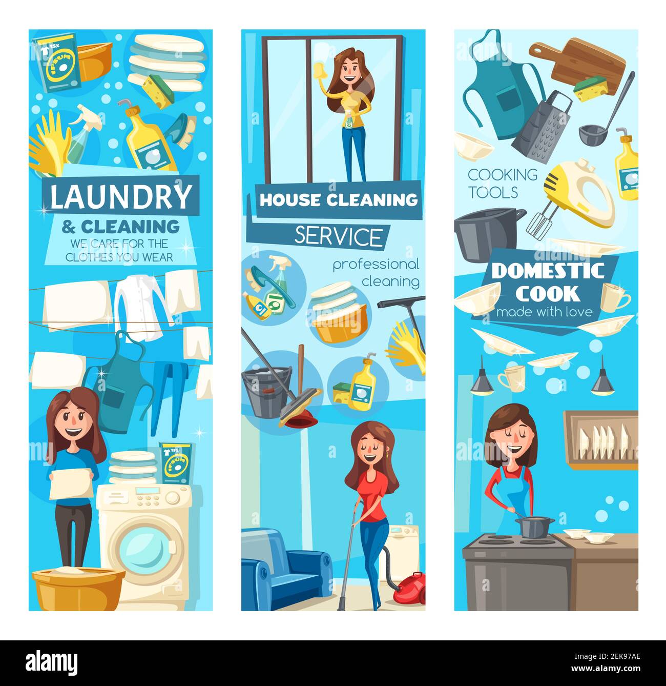 Pulizia casa, lavanderia e lavaggio piatti vettore banner del servizio di pulizia. Aspirapolvere da donna con aspirapolvere, spazzolone e scopa, lavatrice, spugna e. Illustrazione Vettoriale