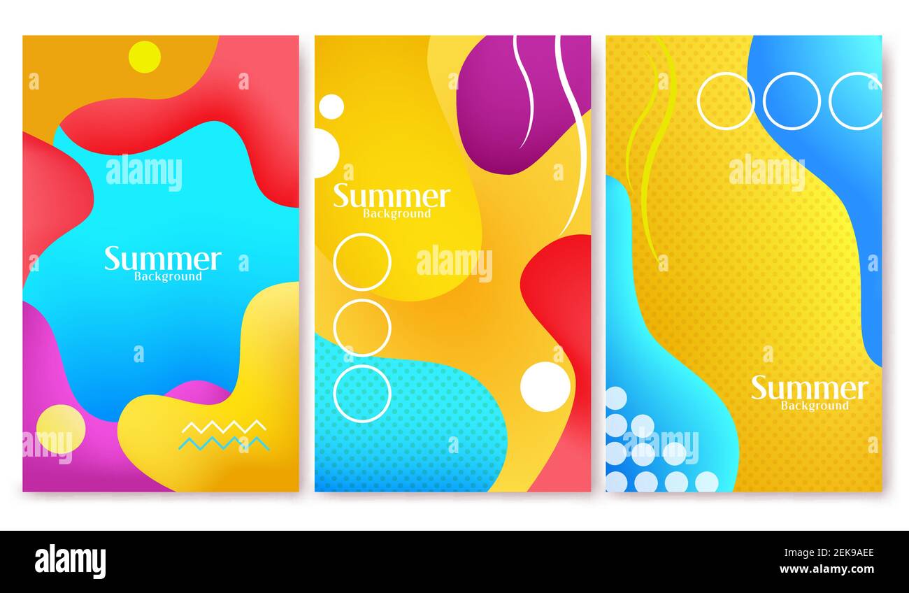 Set di poster vettoriali per sfondo astratto estivo. Testo di sfondo estivo con elemento colorato a forma d'onda d'acqua per simbolo creativo della stagione tropicale. Illustrazione Vettoriale