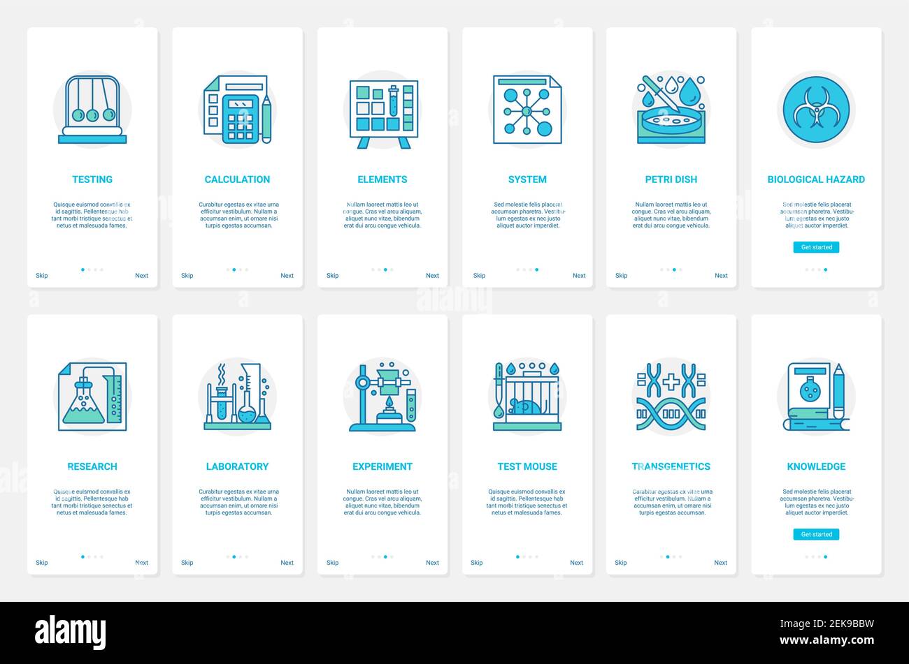 Illustrazione vettoriale della tecnologia della ricerca scientifica. UX, UI onboarding mobile app page set con test di laboratorio in linea e analisi scientifiche in genetica, simboli di rischio biologico e test sugli animali Illustrazione Vettoriale