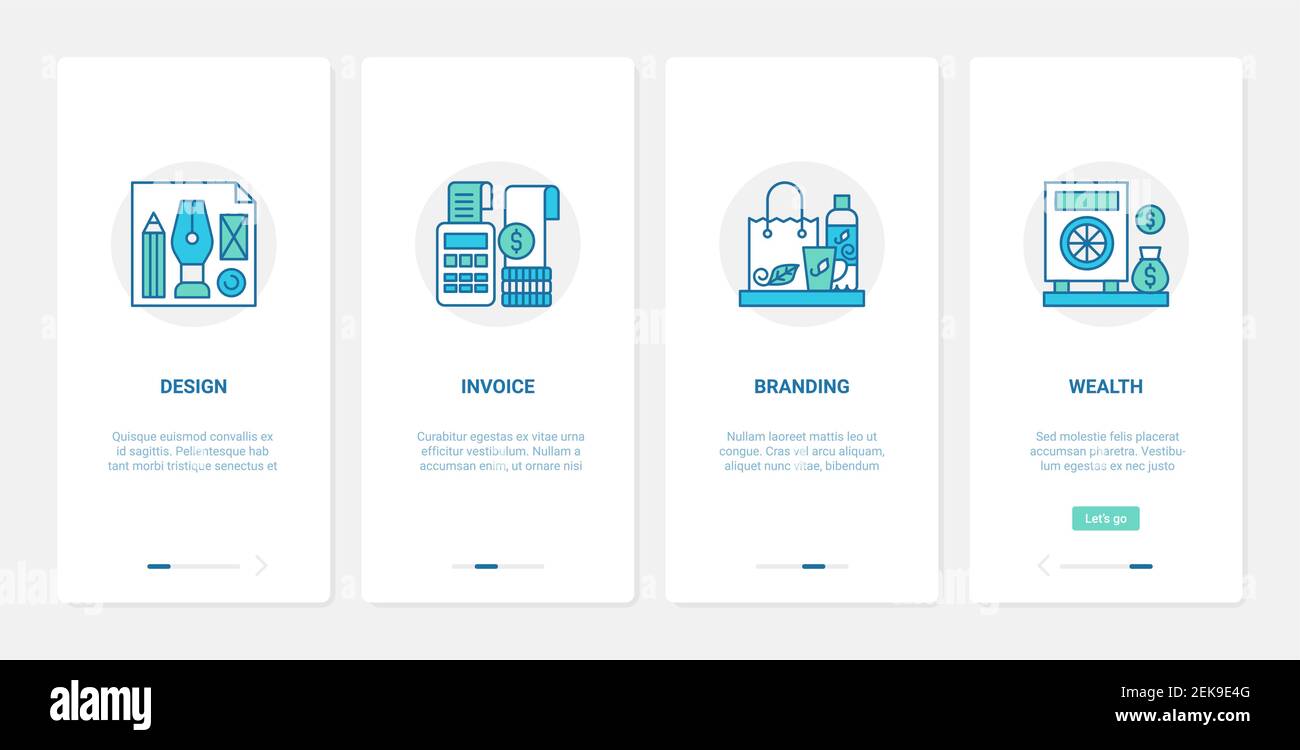 Contabilità di finanza di affari, illustrazione vettoriale di tecnologia di disegno di marcare a caldo. UX, interfaccia utente onboarding mobile app page set con riga fattura finanziaria biglietto digitale, simboli di sviluppo del marchio Illustrazione Vettoriale