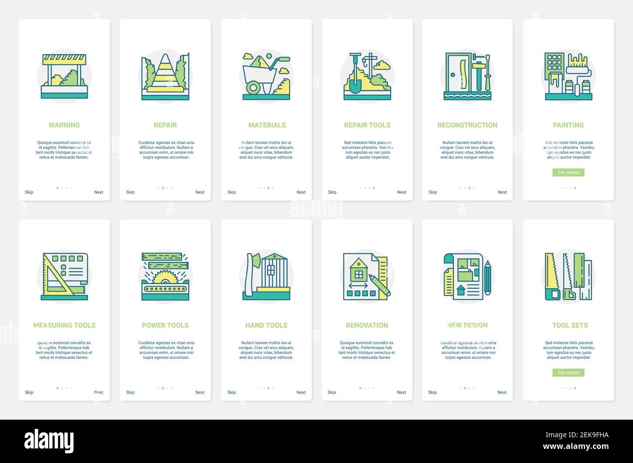 Costruzione, ricostruzione, riparazione di strade e edifici, illustrazione vettoriale di nuovo design moderno. UX, UI onboarding mobile app page set con strumenti line-hand per worker toolbox, apparecchiature elettriche Illustrazione Vettoriale