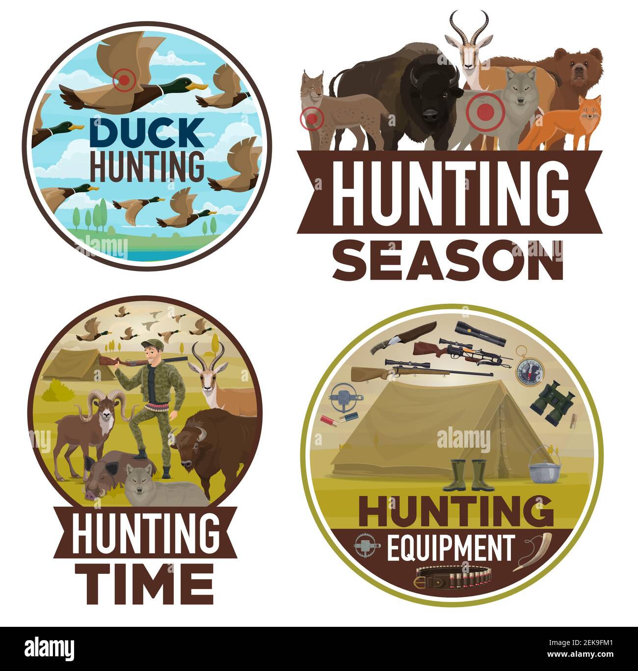 Attrezzature per caccia e caccia, poster per la stagione aperta. Vettore animali selvatici orso, lupo o volpe e anatre, cacciatore munizioni fucile, binocolo e trappola per buffal Illustrazione Vettoriale