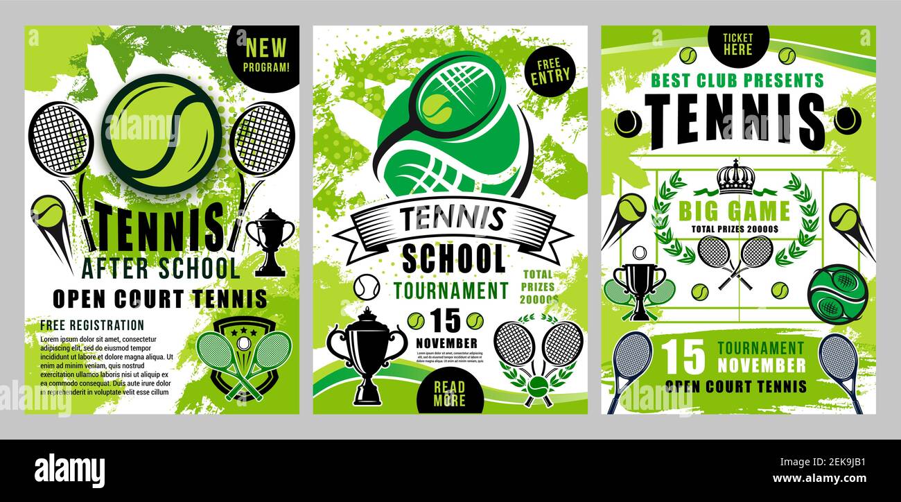 Poster verde mezzitoni vettore tennis sport. Scuola di tennis, torneo di squadra o campionato di grande partita di campionato, corona di vittoria e campo da tennis Illustrazione Vettoriale