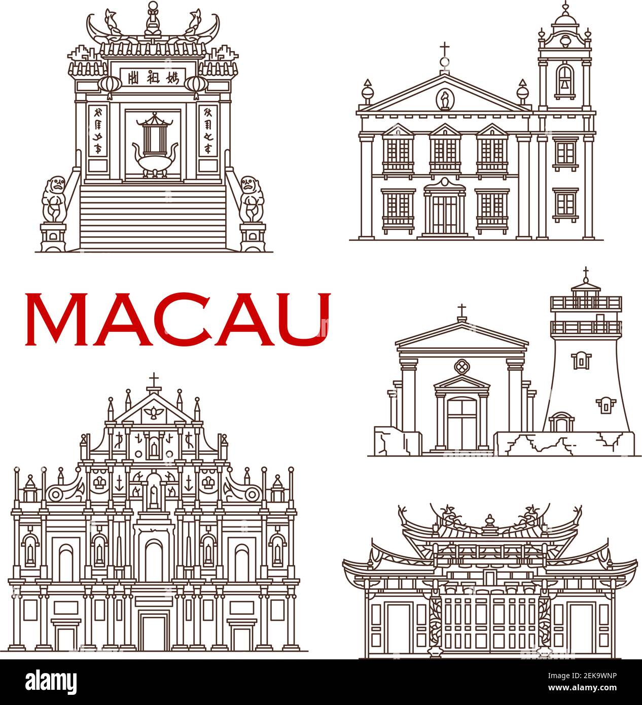 Macao viaggio simbolo vettore icone con monumenti architettonici turistici della Cina. Chiesa di Sant'Antonio, Fortezza di Guia con faro e Capela, porta e B Illustrazione Vettoriale