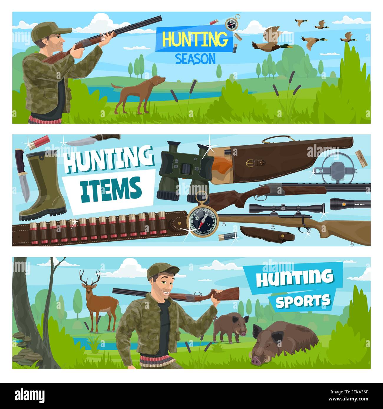 Hunter club aperto stagione, caccia animali e bandiere uccelli. Cacciatore vettoriale con attrezzature munizioni, fucile e proiettili su cintura a cartuccia o bandoliere, selvaggio Illustrazione Vettoriale