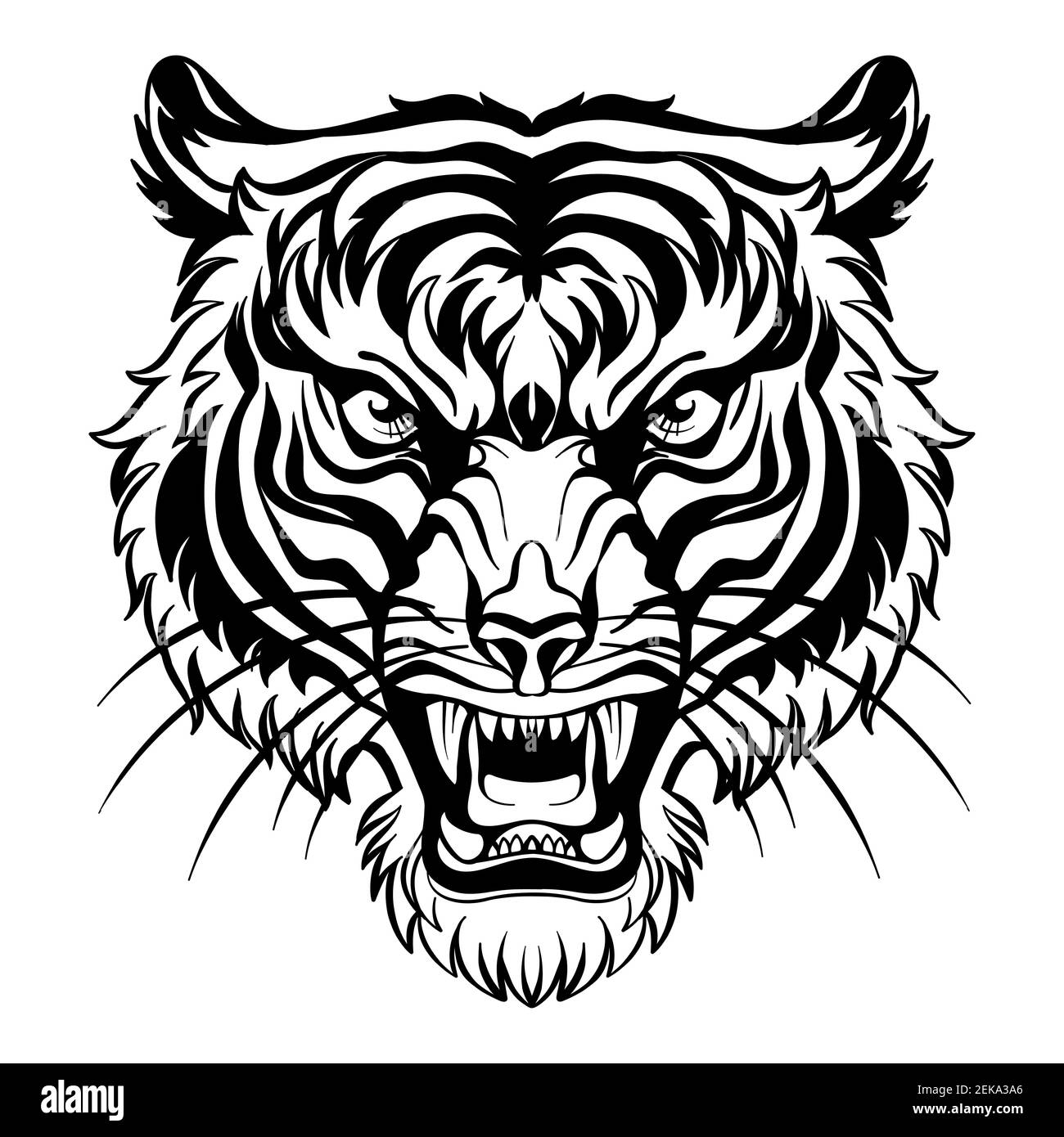 Mascotte. Testa vettore della tigre. Illustrazione nera del gatto selvatico di pericolo isolato su sfondo bianco. Per decorazione, stampa, disegno, logo, club sportivi, ta Illustrazione Vettoriale