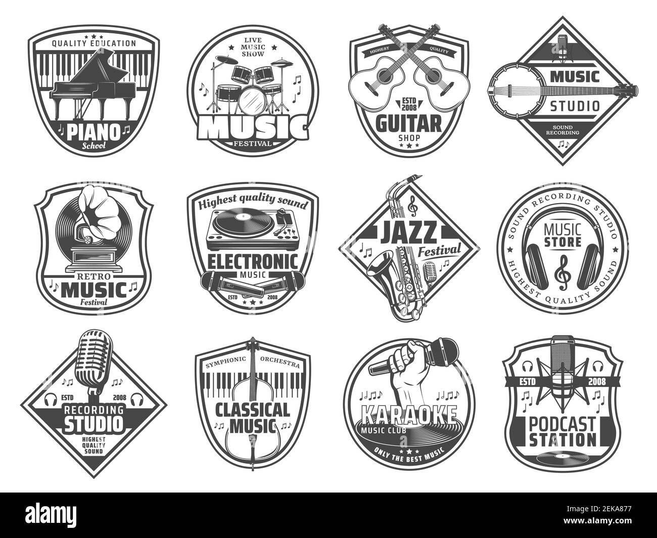 Etichetta studio di registrazione del suono, negozio di strumenti musicali e icone karaoke club. Stazione radio vettoriale o festival di musica retrò piano, microfono e DJ He Illustrazione Vettoriale