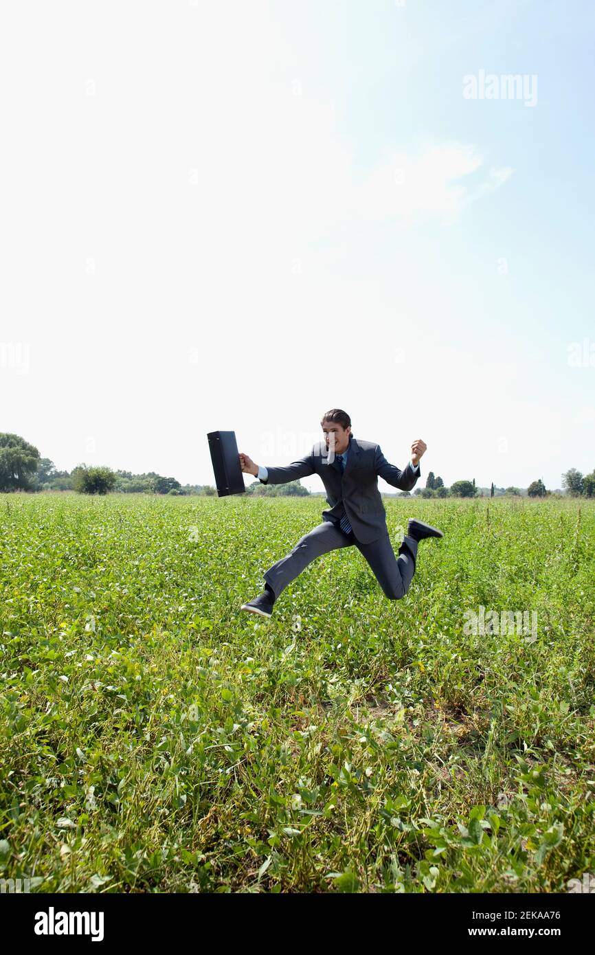 Uomo d'affari che salta sul campo Foto Stock