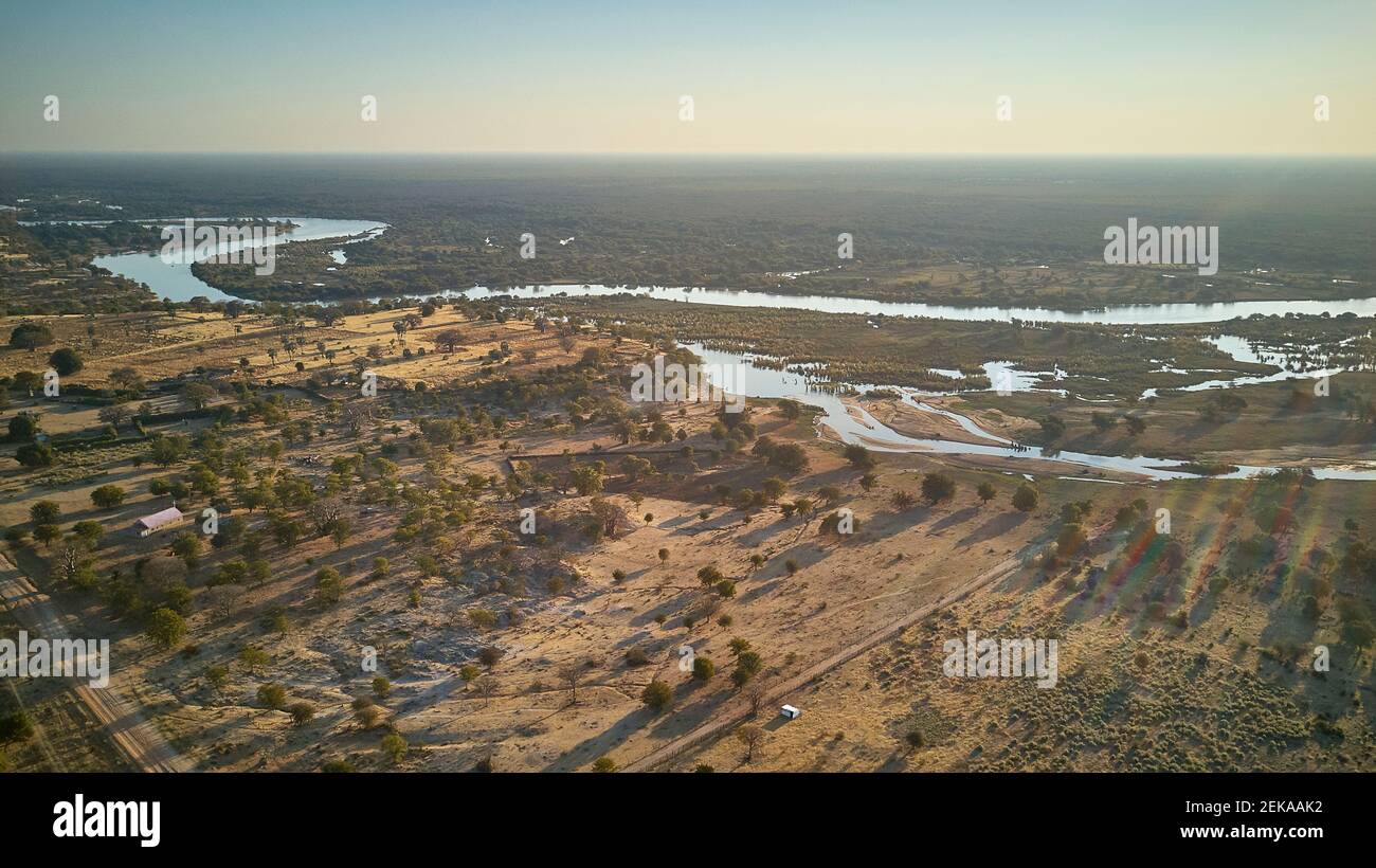 Vista aerea baobab alberi al tramonto, Cunene zona fiume, Angola. Foto Stock