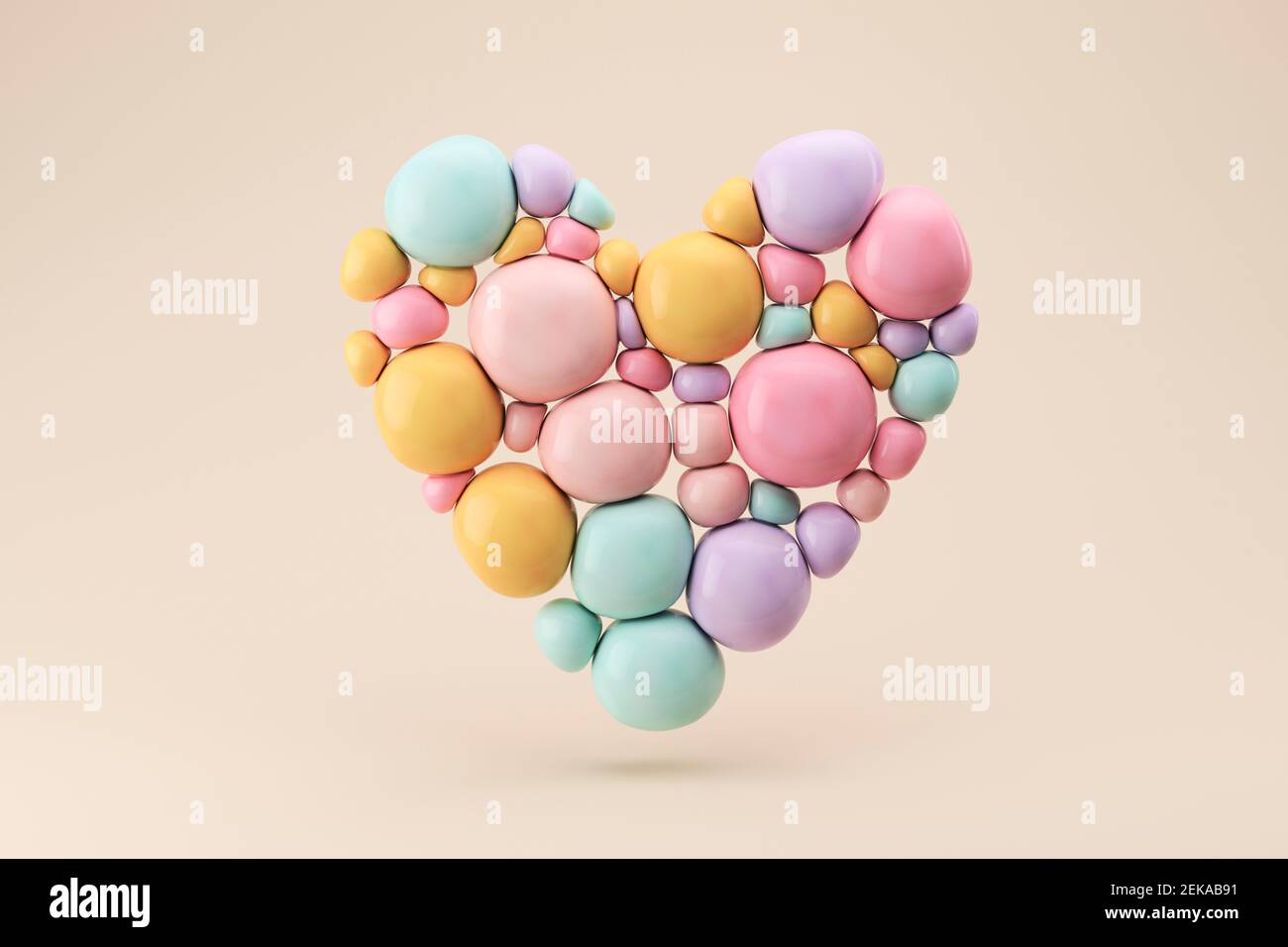 Rappresentazione tridimensionale del cuore galleggiante in color pastello sfere Foto Stock