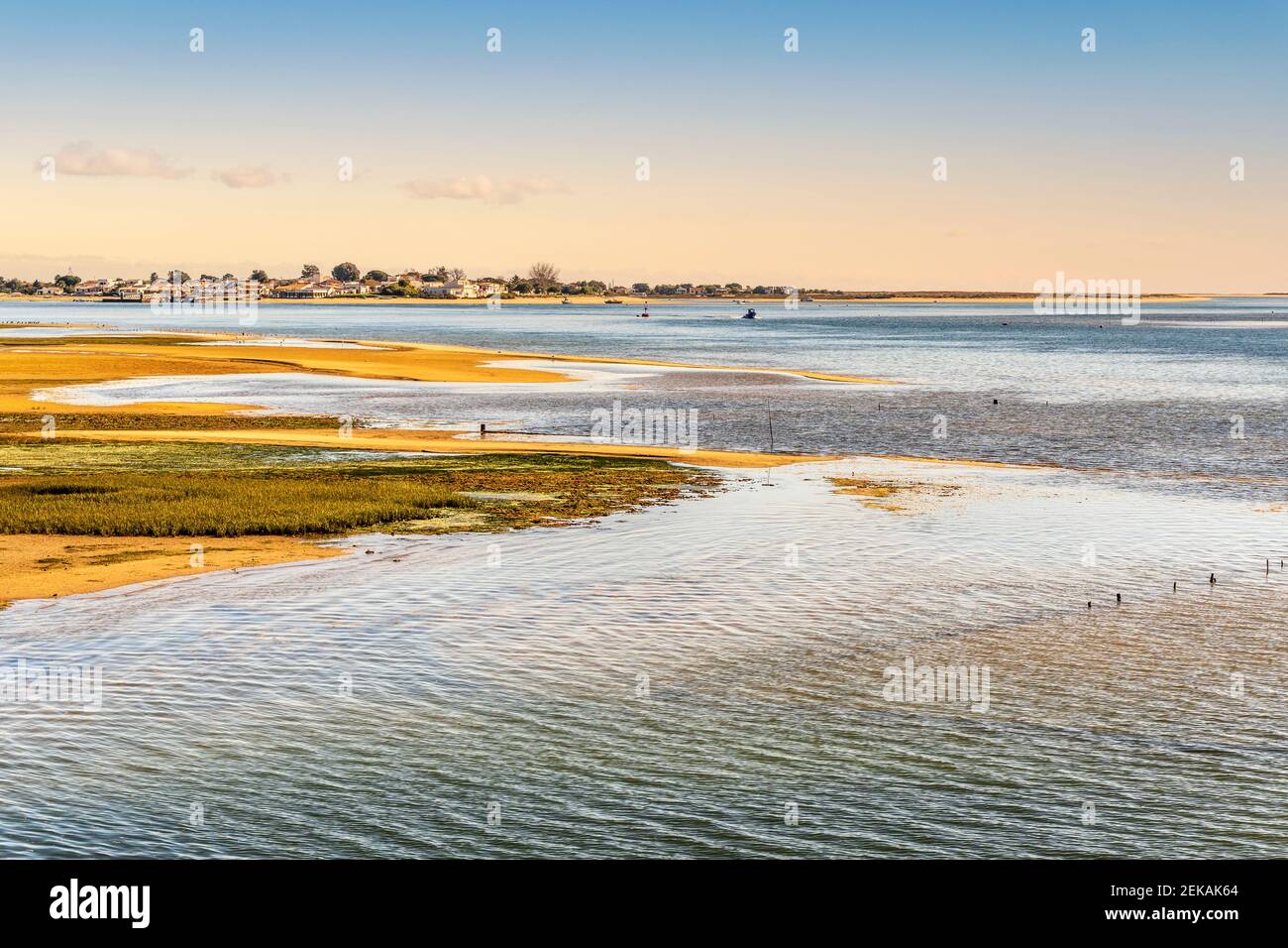 Splendido paesaggio del Parco Naturale di Ria Formosa con l'isola di Armona, Olhao, Algarve, Portogallo Foto Stock