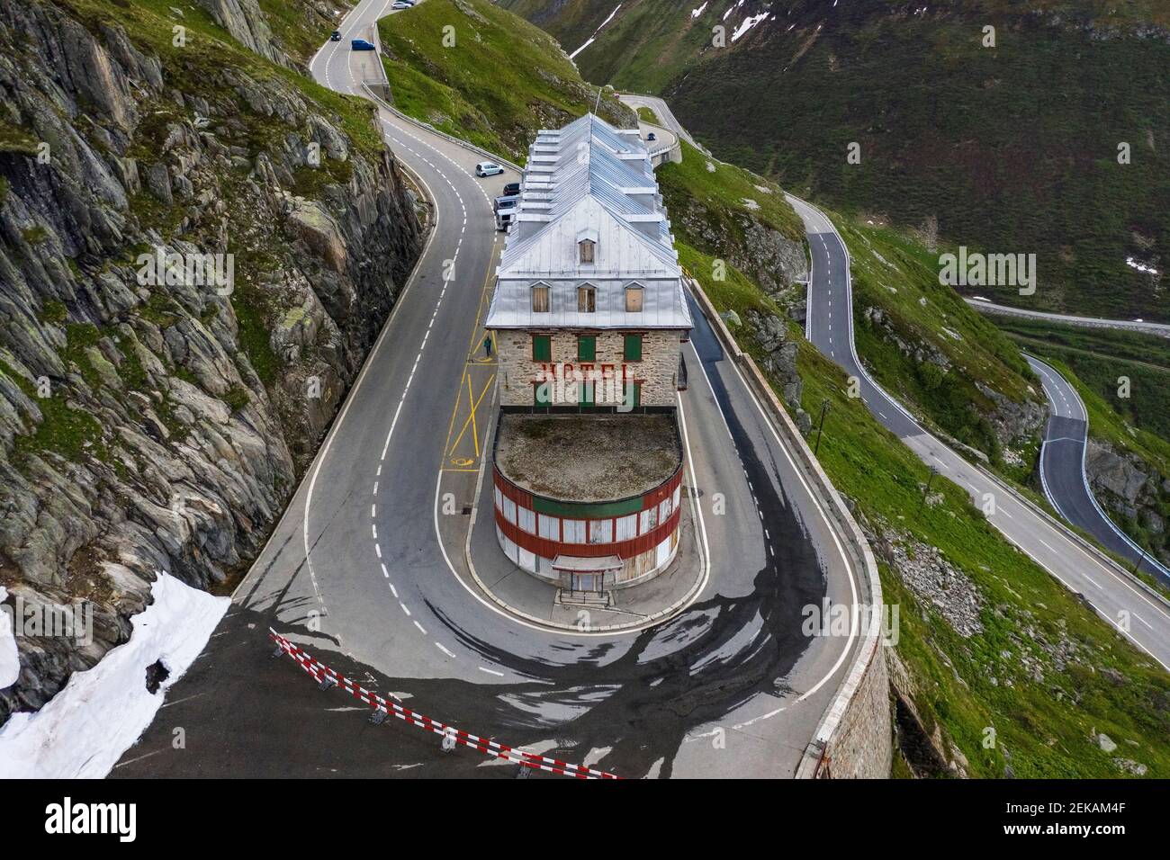 Svizzera, Vallese, ghiacciaio del Rodano, vista aerea di montagna hotel Foto Stock