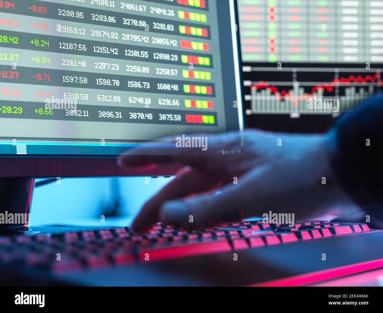 Mani di trader che scrivano sulla tastiera davanti al computer monitoraggio della visualizzazione dei dati del mercato azionario Foto Stock