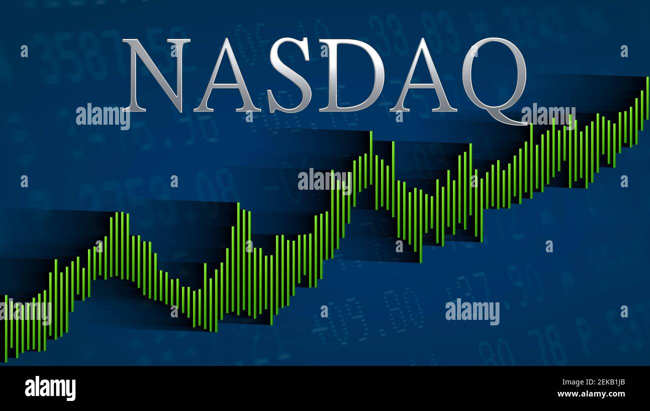 Il NASDAQ Composite, un indice del mercato azionario statunitense delle  azioni comuni continua a crescere. Il grafico a barre verde ascendente su  sfondo blu con l'argento Foto stock - Alamy