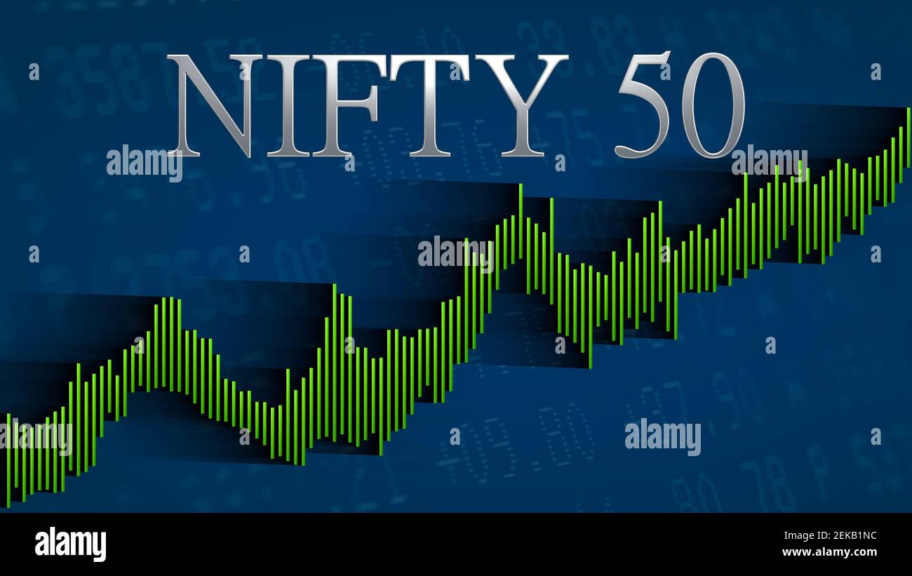 L'indice del mercato azionario NIFTY 50, la Borsa Nazionale dell'India,  continua ad aumentare. Il grafico a barre verde ascendente su sfondo blu  con l'argento Foto stock - Alamy