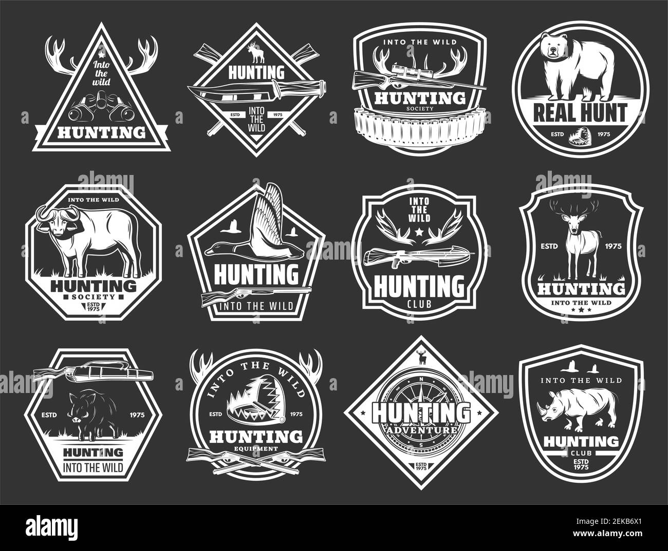 Hunter club distintivi, caccia aperto stagione icone avventura di animali selvatici e uccelli. Vector African safari caccia rhinoceros, caccia munizioni fucili Illustrazione Vettoriale